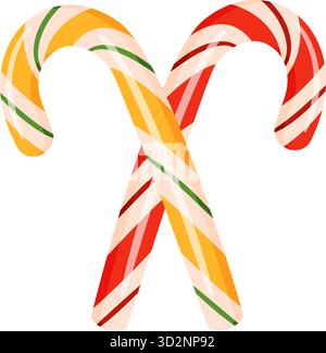 Gelb, rot und weiß gestreifte Weihnachtsbonbons. Süße festliche Süßigkeiten. Handgezeichnet trendiger flacher Stil isoliert. Perfekt für Weihnachtskarten, Verpackungen, Dekorationen. Vektorabbildung Stock Vektor