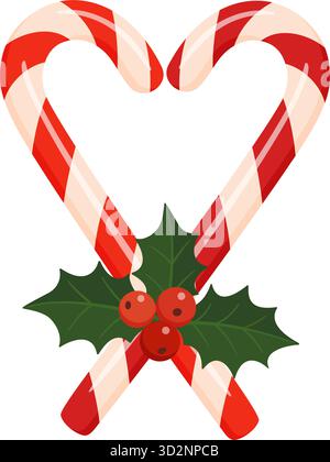 Zwei rote und weiße Bonbons bilden Herzform mit stechpalmenblättern und Beeren. Niedliche flache Vektor-Illustration, perfekt für Weihnachtskarten, Dekorationen und festliche Designs. Vektorabbildung Stock Vektor