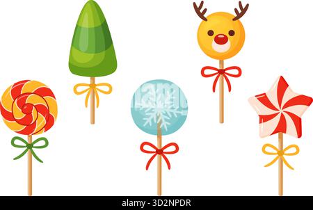 Weihnachtliches Lutscher-Set. Weihnachtsbaum, Rentiergesicht, Stern, Schneeflocke, klassischer Wirbel mit Schleife, ideal für Weihnachtskarten, Verpackungen, Partyeinladungen, Aufkleber. Vektorabbildung Stock Vektor