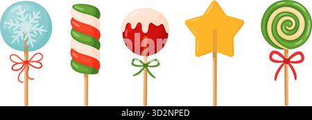 Weihnachtliches Lutscher-Set. Weihnachtsstern, Schneeflocke, klassischer Wirbel mit Schleife, ideal für Weihnachtskarten, Verpackungen, Partyeinladungen, Aufkleber. Vektorabbildung Stock Vektor