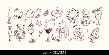 Vintage-Weihnachtsessen und -Getränke Clipart-Set handgezeichnete One-Line-Illustrationen Stock Vektor