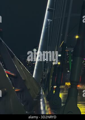 Blick von der Fußgängerzone auf die Walterdale Bridge in einer regnerischen Nacht mit Blick auf die Lichter der Stadt in Edmonton, Alberta, Kanada Stockfoto