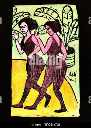 Ernst Ludwig Kirchner - Englische Stieftänzer - 1911 - . Betrifft: Das Kunstwerk zeigt zwei stilisierte weibliche Figuren in dynamischer Pose, die auf Bewegung und Tanz hinweisen. Eine Figur sieht den Zuschauer an, während die andere lächelt und zurückblickt. Stil und Komposition: Das Stück zeichnet sich durch kräftige, ausdrucksstarke Linien und eine lebendige Farbpalette aus. Die Tänzer sind in tiefem Violett und Braun mit vertikalen Streifen dargestellt, die vor einem Hintergrund aus hellgelbem und grünem Laub stehen. Kunstbewegung: Das Werk ist ein bemerkenswertes Beispiel des Expressionismus, einer Kunstbewegung, die für ihre Verwendung starker Farben bekannt ist. Stockfoto