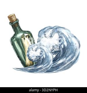 Eine Flasche mit einer Rolle, die auf den Wellen schwimmt. Handgezeichnete Aquarellbilder. Farbbild. Isolieren. Für Aufkleber, Spiele, Dekor, Poster und Stockfoto