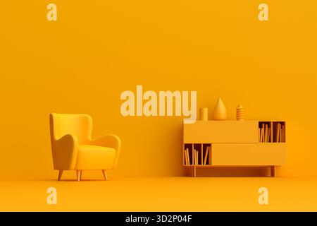Minimalistisches Wohnzimmer in Gelb, monochromatisch gehalten, mit modernen Möbeln, Sessel und dekorativem Ablagefach Stockfoto