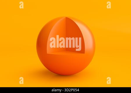 Orangefarbene Kugel mit einem Viertelschnitt, der für die Produktpräsentation oder -Anzeige entfernt wurde, wodurch ein geometrischer Raum entsteht. Abstrakte geometrische Formen mit Minimalis Stockfoto