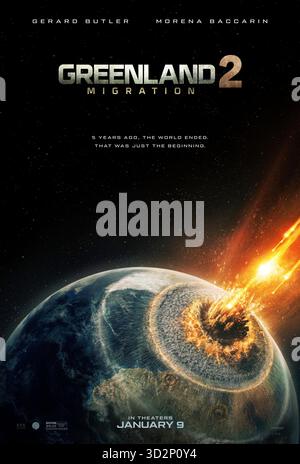 Grönland 2: Migration (2026) von Ric Roman Waugh mit Gerard Butler, Morena Baccarin und Roman Griffin Davis. Die überlebende Garrity-Familie muss die Sicherheit des grönländischen Bunkers verlassen und sich auf eine gefährliche Reise durch das dezimierte gefrorene Ödland Europas begeben, um eine neue Heimat zu finden. NUR ZUR REDAKTIONELLEN VERWENDUNG des US-Advance-Posters. Quelle: BFA/Lionsgate Stockfoto