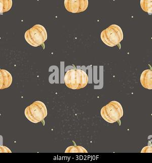 Muster fröhlicher Kürbisse unter Punkten. Handgezeichnete Aquarellillustrationen im halloween-kindlichen Stil. Nahtloser Druck isoliert vom Hintergrund für Stockfoto