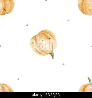 Muster fröhlicher Kürbisse unter Punkten. Handgezeichnete Aquarellillustrationen im halloween-kindlichen Stil. Nahtloser Druck isoliert vom Hintergrund für Stockfoto