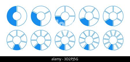 Blaue Diagramme mit Symbolen, Pizzaform und Abschnittsdiagramme. Blaue Kreise geteilt 2, 3, 10, 7, 8, 9, 10, 11 gleiche Teile. Coaching leere Vorlage. Satz von Stock Vektor