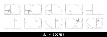 Horizontaler fibonacci-Zahlenanordnung mit 10 Elementen. Vorlage für Harmonie-Proportionen des Goldenen Verhältnisses. Stock Vektor