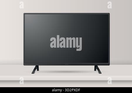 Vector 3D realistischer Monitor oder Fernseher auf dem Schreibtisch. Vorderansicht Minimalanzeige. Leerer Schwarzer Bildschirm, Monitormodell. Sauberer TV-Bildschirm, LCD-LED-Display-Design Stock Vektor