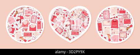 Cartoon Mit Postaufkleberset In Herzform Stock Vektor