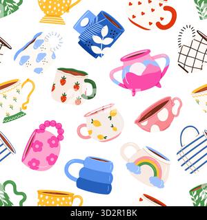 Verspieltes nahtloses Muster mit verschiedenen bunten Tassen mit einzigartigen Designs, perfekt für Küchendekor, Textilien oder Geschenkpapier, isoliert auf weißem Hintergrund Vektorillustration Stock Vektor