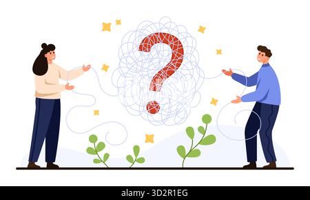 Zwei Personen arbeiten zusammen, um ein komplexes Chaos um ein großes Fragezeichen zu lösen, das Teamarbeit und kreative Problemlösung darstellt, isoliert auf weißem Hintergrund Vektorillustration Stock Vektor