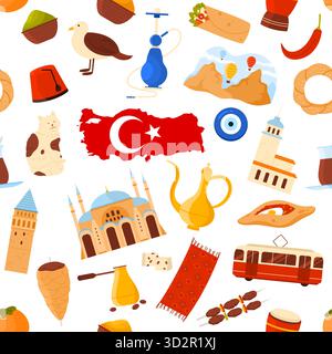 Traditionelle türkische Ikonen, Speisen, Wahrzeichen und kulturelle Elemente in einem nahtlosen Muster angeordnet, ideal für Reise, Küche und Kulturerbe Themen, isoliert auf weißem Hintergrund Vektorillustration Stock Vektor
