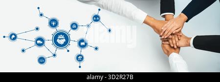 Dieses Bild zeigt, wie Hände zusammenkommen und symbolisieren Zusammenarbeit und Partnerschaft im geschäftlichen Kontext. Die grafischen Elemente betonen die Konnektivi Stockfoto
