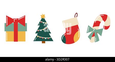 Flaches Weihnachtsset mit Geschenkbox, Baum, Strumpf und Zuckerrohr. Handgezeichneter Vektor, isolierte Illustration. Stock Vektor