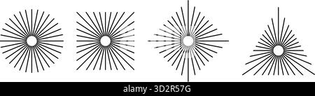 Gerade radiale Linien in kreisförmigen, quadratischen und dreieckigen Formen. Set von Sonnenstrahlen-Symbolen. Symbole für Strahlkraft, Spin, Explosion oder Feuerwerk auf weißem Hintergrund. Vektorgrafik. Stock Vektor