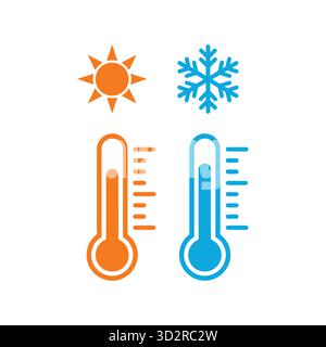 Temperatursymbole für heißes und kaltes Wetter mit Sonne und Schneeflocke Stock Vektor