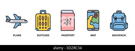Reise Essentials Symbole setzen Flugzeug Koffer Pass Karte und Rucksack in Vektor Stock Vektor