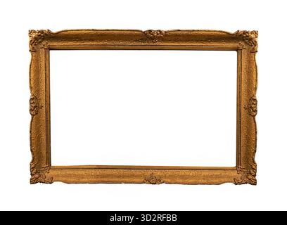 Alte alte alte leere goldene Rahmenkante isoliert auf weißem Hintergrund Stockfoto