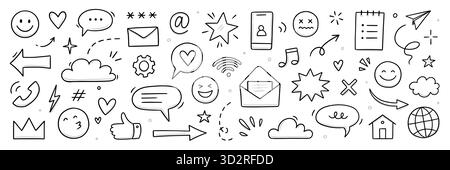 Emoji Media Hand gezeichnetes Doodle-Symbol Set. Internetkonversation, Medienumriss Tech-Emoji, Stern, Pfeilform. Handgezeichneter Sketch-Chat-Emoticon, digitale Cloud, Smile Face-Elemente. Vektorabbildung Stock Vektor