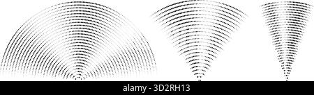 Gepunktete Schallwellen-Signaleinstellung. Radialradio oder Musiksymbole. Gekräuseltes Radar-Vibrationselement-Schildbündel. Schwarz gestrichelte, gekrümmte Impulspackung. Echokardiographie-Symbole. Vektorabbildung Stock Vektor
