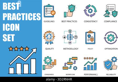 BEST Practices und Business Optimization Symbolsatz, solide Vektorsymbole für Workflow, Richtlinien, Leistung, Standards, Verbesserung, Protokolle, und Stock Vektor