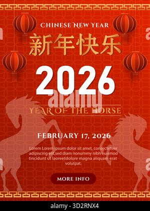 Chinesisches Neujahrsplakat 2026, das das Jahr des Pferdes feiert. Vektorabbildung Stock Vektor