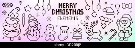 Pixel Art weihnachtliche Konturelemente. Y2K Neujahrssymbole. 8-Bit Weihnachtsmann, Schneemann, Rentier, Baum. Stock Vektor
