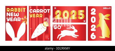 Kollektion mit farbenfrohen roten und goldenen Neujahrsdesigns für Kaninchen und Karotten für 2025-2026 Stock Vektor