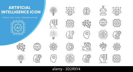 Icon-Kollektion für künstliche Intelligenz. Algorithmen, Automatisierung, Programmierung, automatisiertes System, Innovation und vieles mehr. Bearbeitbare Kontur. Stock Vektor
