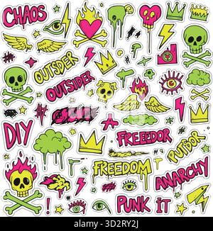 Neon Y2K Punk Sticker Collection, Buntstift gezeichnete Rock and Roll Ikonen mit Grunge Text, kritzelnde Doodles aus Feuer, Blitz und Herzen für Scrapbook, Co Stock Vektor