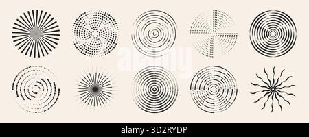 Abstrakte radiale Muster, die isoliert auf dem Hintergrund festgelegt werden. Vektorillustration von schwarzen konzentrischen Kreisen mit Punkten, Linien und Wellen, welligen Geräuschen oder Funksignalringen, Radialvibrationen, Epizentrum-Symbolen Stock Vektor