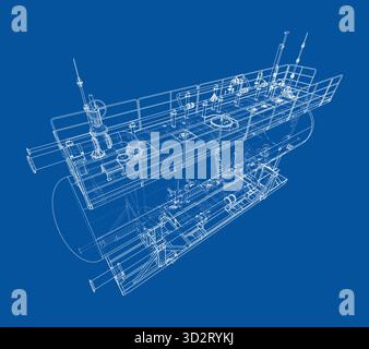 U-Boot-Blueprint auf blauem Hintergrund. Vektor Stock Vektor