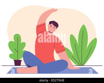 Mann, der seitliche Beugung ausdehnt oder Yoga-Pose macht. Stock Vektor