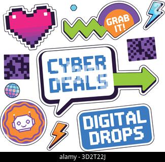 Retro Y2K Ästhetik Label & Sticker Pack: Black Friday Sale Badges in limitierter Auflage mit kosmischen Sternen, lächelnden Planeten, Graffiti-Herzen und Nostalgie Stock Vektor