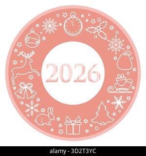 Neujahrsdesign 2026 mit festlichen Ikonen wie Schneeflocken und Geschenken in einem kreisförmigen Layout-Vektor Stock Vektor