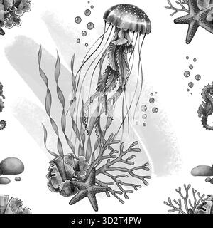 Nahtloses Schwarz-weiß-Muster mit Quallen, Seepferden, Korallen, Seesternen und Algen auf weißem Hintergrund. Perfekt für Marine-Design, Stoff, Verpackungen, Dekor und Unterwasser-Kunstwerke Stockfoto