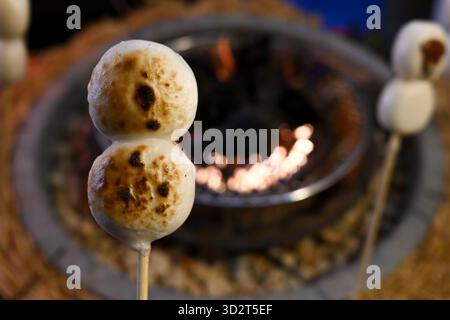 Yakimochi oder gegrillter Mochi auf Stabspießen, ist ein japanischer Snack mit herzhaften und süßen gegrillten flachen oder runden Reiskuchen Stockfoto
