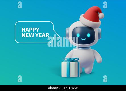 Niedlicher 3D-KI-Roboter im Weihnachtsmütze, der Geschenk hält und Neujahrsnachrichten verschickt. Freundliches digitales Chatbot-Maskottchen auf blauem Hintergrund Stock Vektor