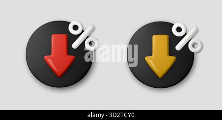 Schwarze 3D-Verkaufs-Symbole mit roten und gelben Pfeilen und weißen Prozentzeichen. Modernes Rabatt- und Preisdesign für das Black Friday-Angebot Stock Vektor