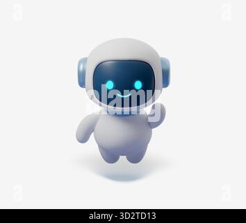 3D KI Roboter Charakter niedliches digitales Bot Maskottchen für Chat und Technologie Design. Freundliche KI-Chatbot-Illustration, die einen intelligenten virtuellen Assistenten symbolisiert Stock Vektor