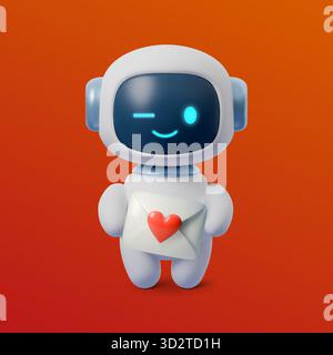 Niedlicher 3D-Roboter-KI-Chatbot, der Liebesbrief mit einem Herzen hält. Freundliches digitales Maskottchen symbolisiert intelligente Technologie, Kommunikation und Emotionen, die futuristisch sind Stock Vektor