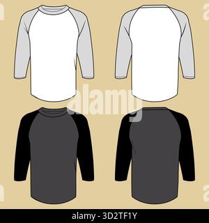 Klassisches Trikot-Hemd-Pullover-Template im Baseball-Stil, schwarz-weiß für Herren und Damen. CAD-Modellvorlagen für Unisex-Bekleidung, Vorder- und Rückseite Stock Vektor