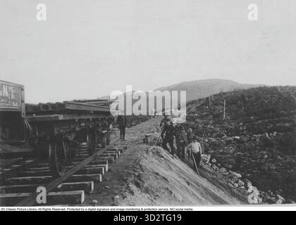 Bau der Riksgräns-Linie/Malmbanan. Die Bahnstrecke zwischen Gällivare und Riksgränsen über Kiruna wurde 1898 in Betrieb genommen und 1902 fertiggestellt, mit rund 4.000 Beschäftigten. Das um 1900 aufgenommene Foto zeigt Schiffe, die entlang des Gleisbetts arbeiten, wo bereits Schienen verlegt wurden. Vor uns wartet der leere Damm auf Schläfer und Schienen, während sich die Berge im Hintergrund erheben. Malmbanan, oder die Eisenerzlinie, wurde gebaut, um Eisenerz von den Minen in Nordschweden zum eisfreien Hafen Narvik in Norwegen zu transportieren. Die Fertigstellung 1902 war eine bedeutende technische Leistung in Arcti Stockfoto