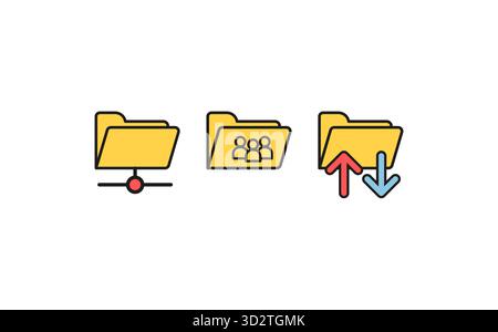 Set aus Symbolen für gemeinsam genutzte Ordner im Retro-Stil mit digitaler Benutzeroberfläche mit klassischer Computerästhetik und symbolischen Elementen für Teamarbeit und Organisation. Flach Stock Vektor