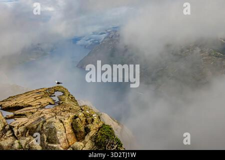 Preikestolen, auch bekannt als Pulpit Rock, erhebt sich über dem Lysefjord in Norwegen mit steilen Klippen und malerischer Berglandschaft. Stockfoto