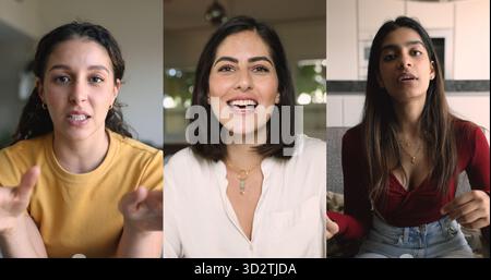 Drei schöne multirassische junge Frauen beginnen mit Videoaufnahmen, Collage-Ansicht Stockfoto
